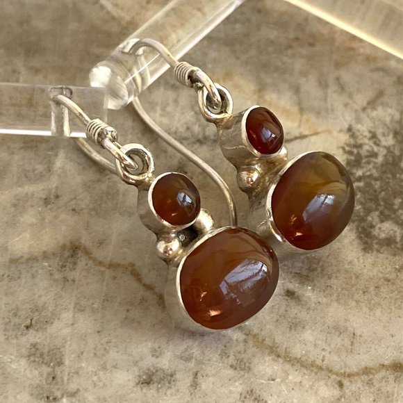 Sterling Silver 950 1.26" Oval Bezel Set Carnelian Gemstone Dangle Earrings 3.5g - Picture 5 of 16